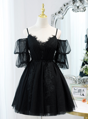 Black Tulle Lace Spaghetti Straps Pleats Homecoming Dress