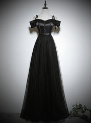 Black Tulle Satin Spaghetti Straps Prom Dress