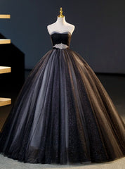 Black Tulle Sequins Sweetheart Pleats Crystal Quinceanera Dress