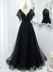 Black Tulle Sequins V-neck Beading Prom Dress