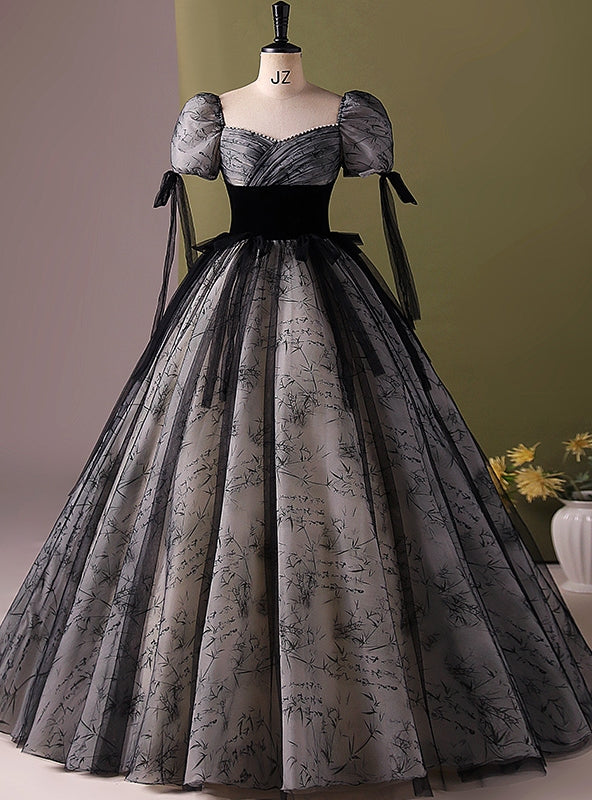 Black Tulle Short Sleeve Square Neck Quinceanera Dress