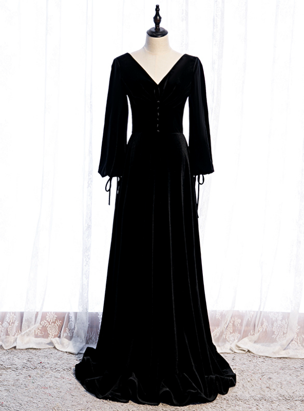 Black Velvet Long Sleeve Button Pleats Prom Dress 