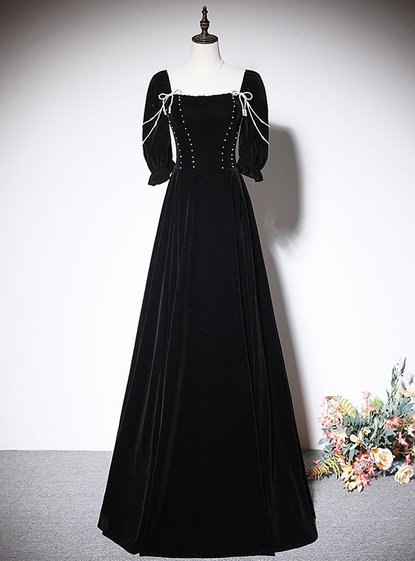 Black Velvet Short Sleeve Pearls Prom Dress