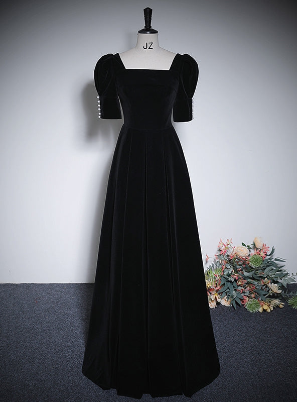 Black Velvet Short Sleeve Prom Dress