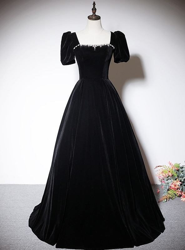 Black Velvet Short Sleeve Square Neck Crystal Prom Dress