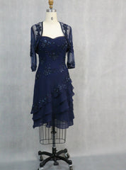 Blue Appliqued 3/4 Sleeve Knee Length Mother of the Bride Dress With Jacket