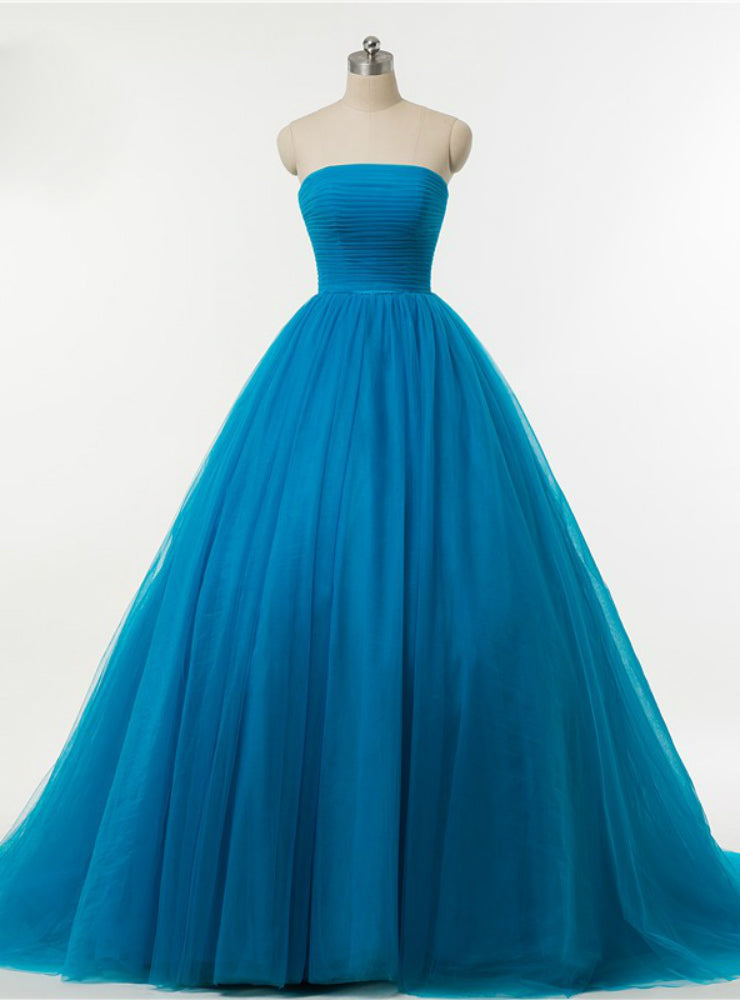 Blue Ball Gown Strapless Tulle Backless Wedding Dress