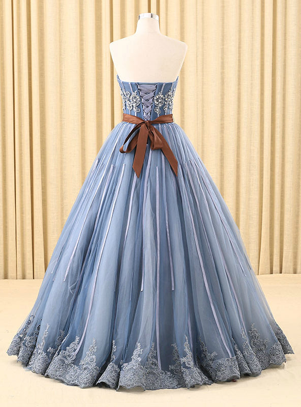 Blue Ball Gown Tulle Sweetheart Appliques Wedding Dress