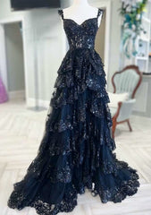 Blue Crystal Sequins Princess A Line Off the Shoulder Prom Dress with Lace Ruffles