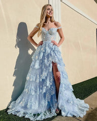 Blue Crystal Sequins Princess A Line Off the Shoulder Prom Dress with Lace Ruffles