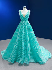 Blue Green V-neck Tulle Beading Prom Dress