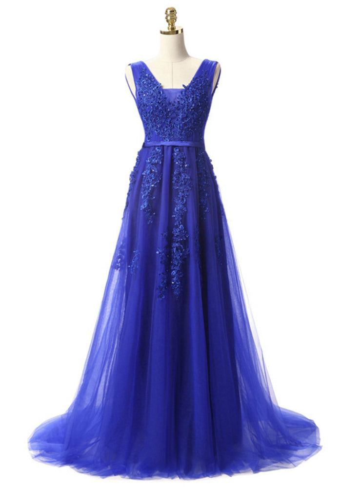 Blue Lace Beading Backless Prom Dress