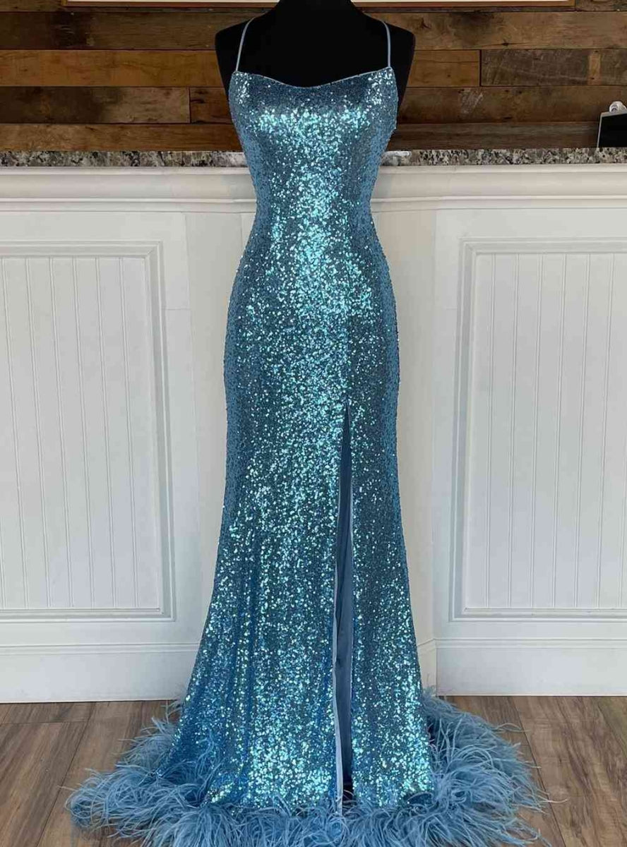 Blue Mermaid Sequins Spaghetti Straps Prom Dress