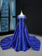 Blue Mermaid Velvet Backless Cap Sleeve Prom Dress With Removable Train