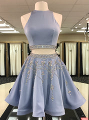 Blue Satin Crystal Beaded Skirt Two Piece Short Homecoming Dress