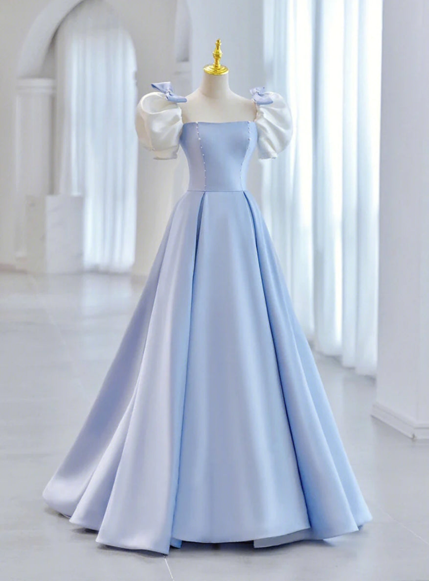 Blue Satin Puf Sleeve Bow Prom Dress