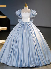 Blue Satin Puff Sleeve Bow Quinceanera Dress