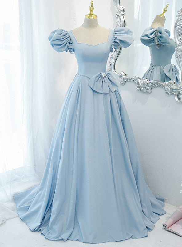 Blue Satin Puff Sleeve Square Prom Dress