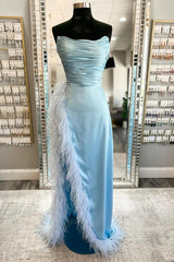 Blue Satin Strapless Pleats Feather Prom Dress