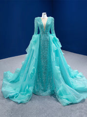 Blue Sequins Long Sleeve Pearls Prom Dress With Detachable Train