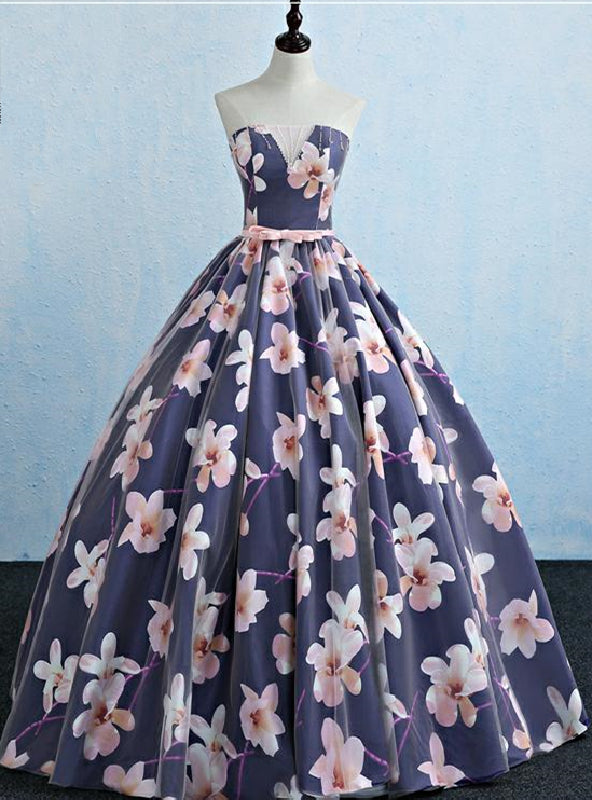 Blue Strapless Print Quinceanera Dress