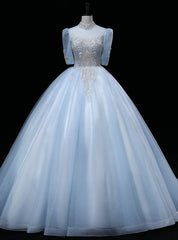 Blue Tulle High Neck Short Sleeve Beading Quinceanera Dress