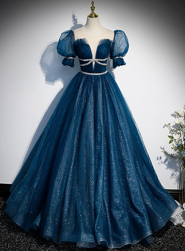 Blue Tulle Sequins Pleats Puff Sleeve Prom Dress