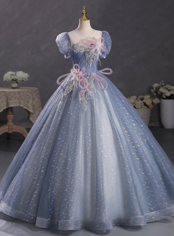 Blue Tulle Sequins Puff Sleeve Backless Beading Quinceanera Dress