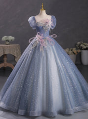 Blue Tulle Sequins Puff Sleeve Backless Beading Quinceanera Dress