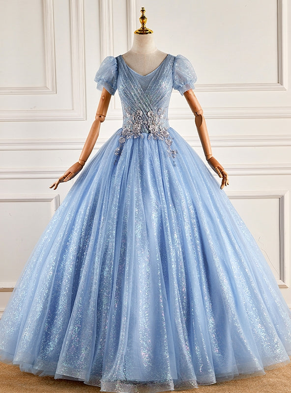 Blue Tulle Sequins Puff Sleeve Pleats Quinceanera Dress