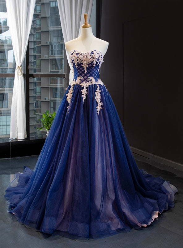 Blue Tulle Sweetheart White Appliques Prom Dress With Train