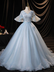 Blue Tulle V-neck Short Sleeve Quinceanera Dress