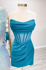 Dusty Blue Bridesmaid Dress, Strapless Pleated Red Satin Homecoming Dress