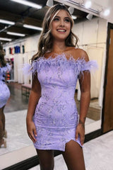 Bodycon Charming Lilac Off The Shoulder Homecoming Dress With Feather