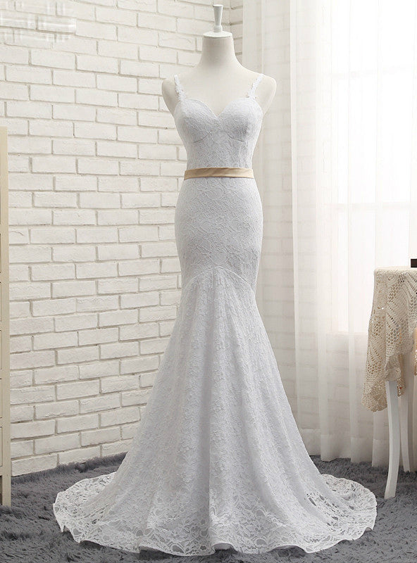 Brilliant Vintage White Mermaid Lace With Ribbons Wedding Dresses