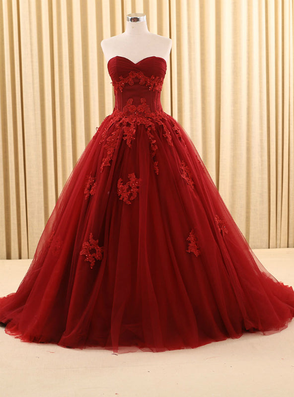 Burgundy Ball Gown Tulle Sweetheart Appliques Wedding Dress