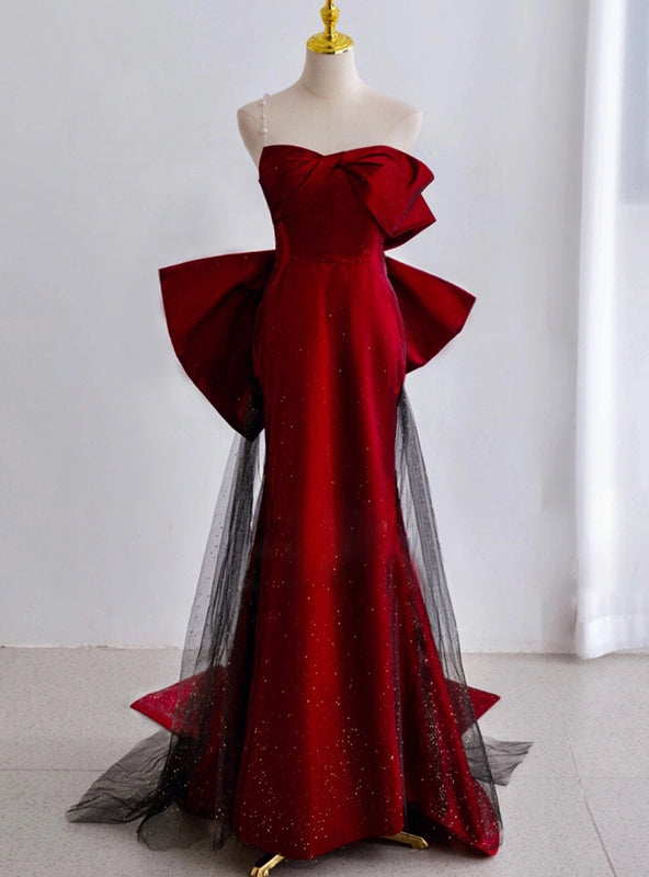 Burgundy Mermaid Strapless Bow Prom Dress