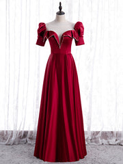 Burgundy Satin Short Sleeve Pearls Prom Dress