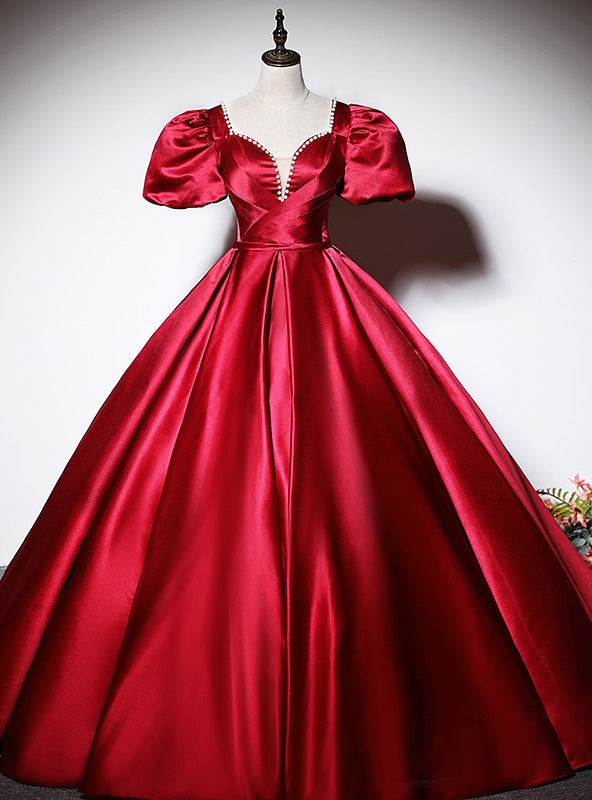 Burgundy Satin Short Sleeve Quinceanera Dress