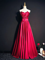 Burgundy Satin Strapless Beading Prom Dress