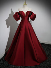 Burgundy Satin Strapless Puff Sleeve Prom Dresses