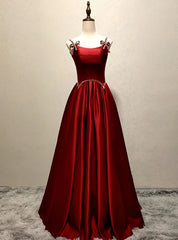 Burgundy Satin Straps Pearls Prom Dress