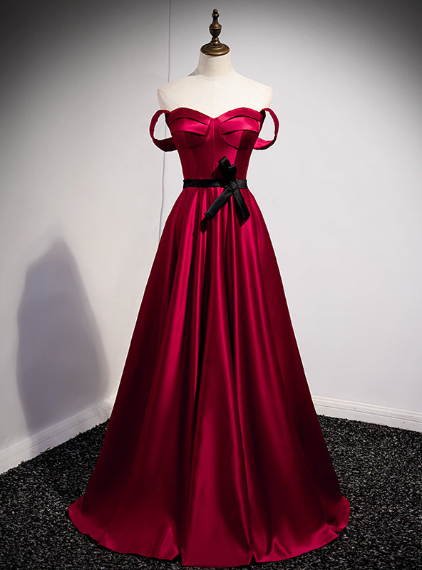 Burgundy Satin Sweetheart Prom Dress With Belt