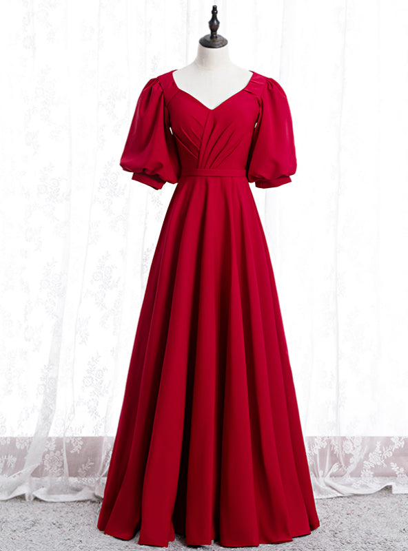 Burgundy Satin V-neck Puff Sleeve Pleats Prom Dress