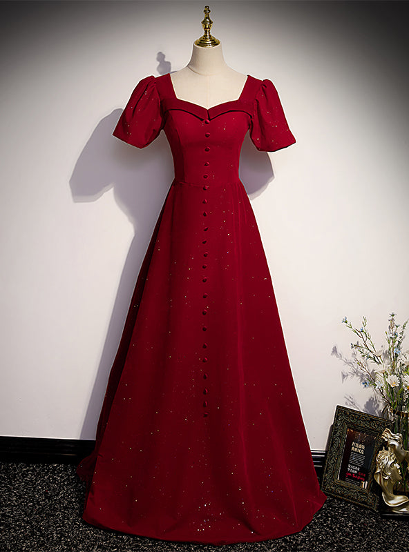 Burgundy Sequare Puff Sleeve Prom Dress