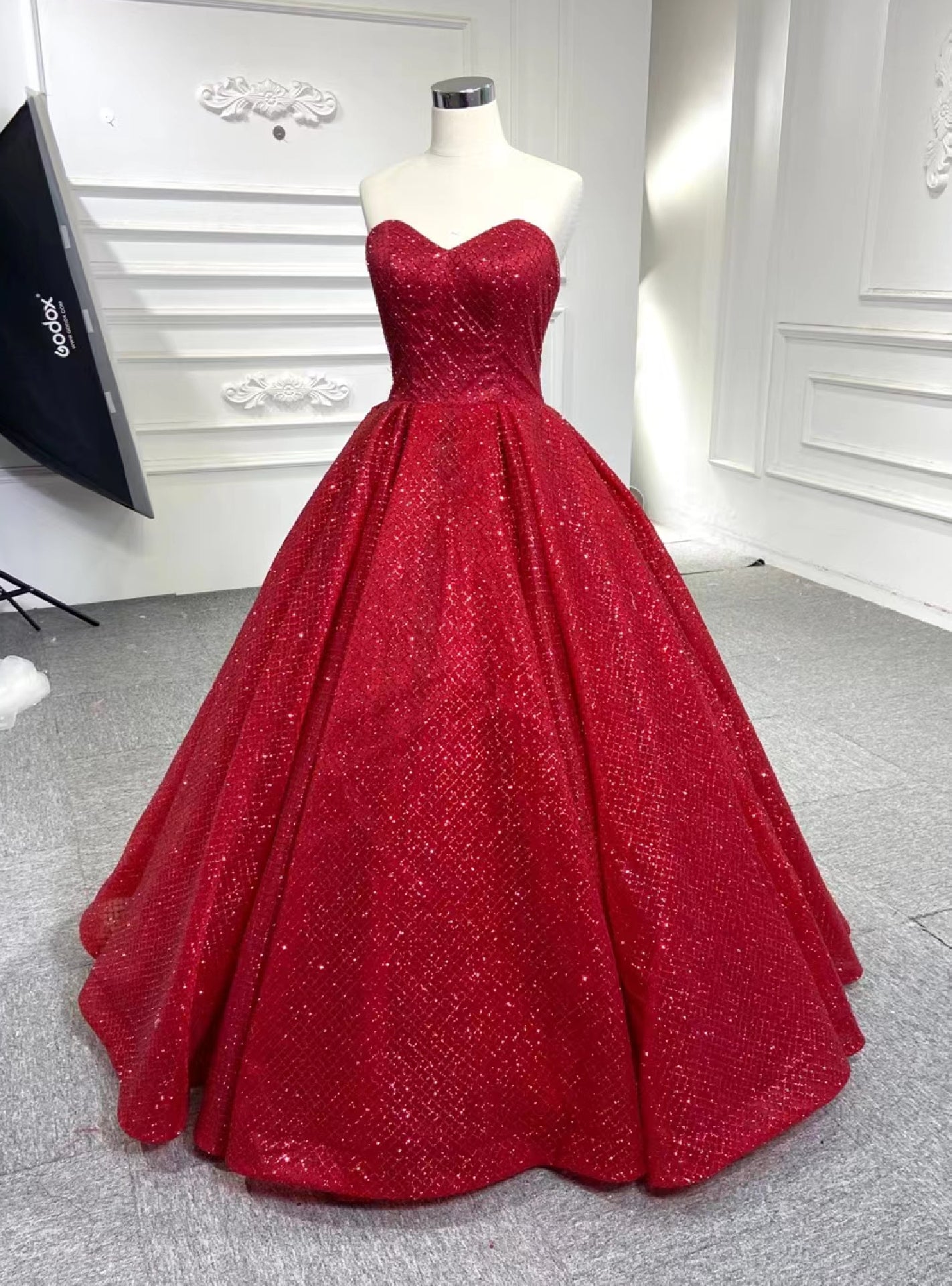 Burgundy Sequins Strapless Prom Dress