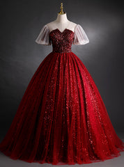 Burgundy Sequins V-neck Puff Sleeve Quinceanera Dress