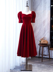 Burgundy Square Short Sleeve Tea Length Prom Dress