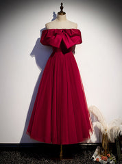 Burgundy Tulle Off the Shoulder Prom Dress