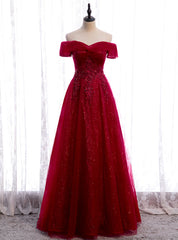 Burgundy Tulle Off the Shoulder Sequins Beading Prom Dress